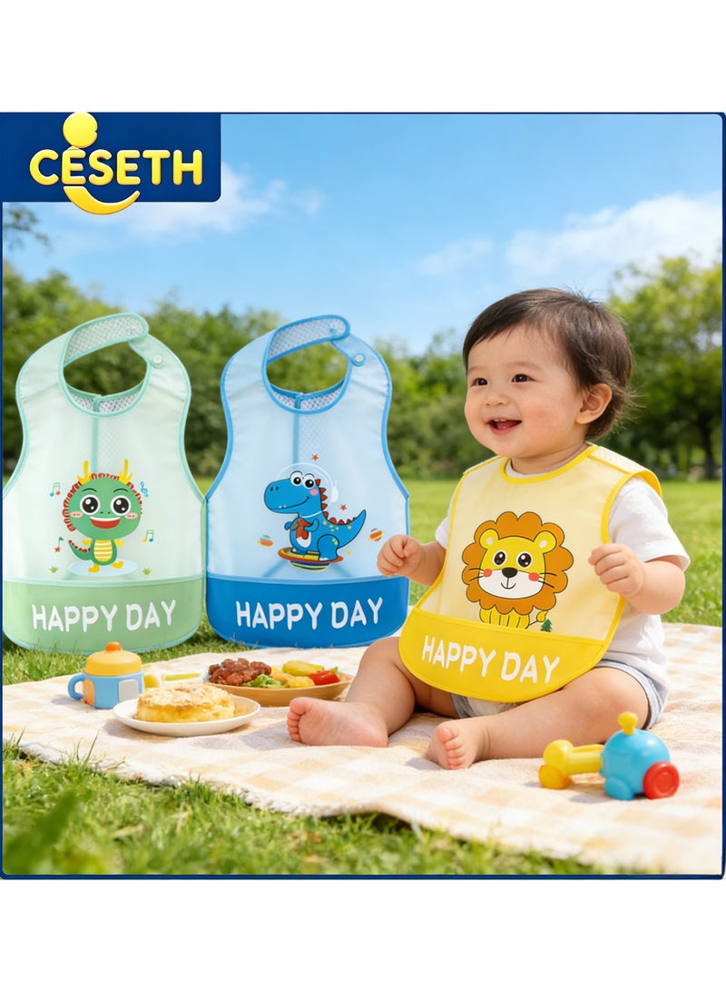 CESETH 3-Piece Waterproof Baby Feeding Bib, With Food-Catching Pockets, Bpa-Free And Easy-To-Clean Baby Bib, Suitable For Babies Aged 6-36 Months. Soft, Breathable And Stain-Resistant Bib, Suitable For Meals, Travel And Outdoor Use. - Image 1