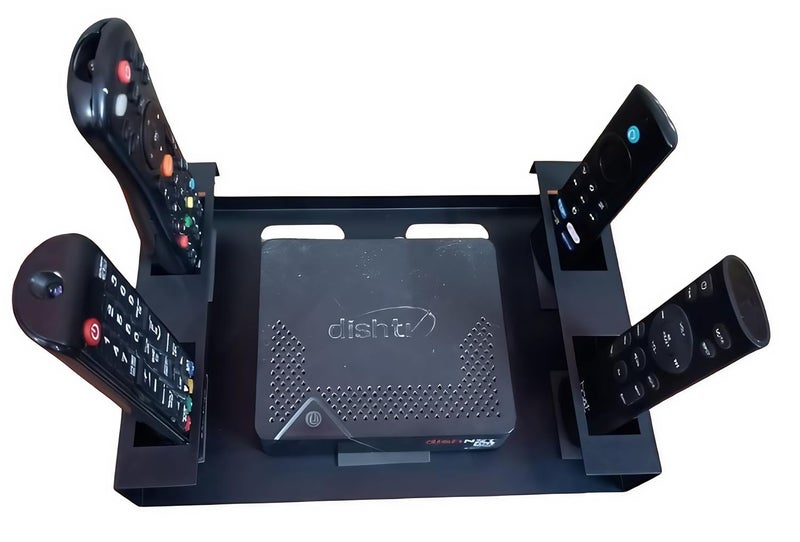 invont Set Top Box Wall Stand | Metal Setup Box Stand for Wall | 4 Remote Holder | Cable Management Slots | Cushioned Base for Set Top Box & Remotes | Black Powder Coated Organizer - Image 1