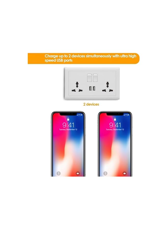 promass Double Switch Wall Socket And 2 USB Outlet | Dual Switch Universal Wall Socket Tamper Resistant | Duplex Receptacle Wall Socket Charger Adapter Power Outlet Panel, White - Image 5