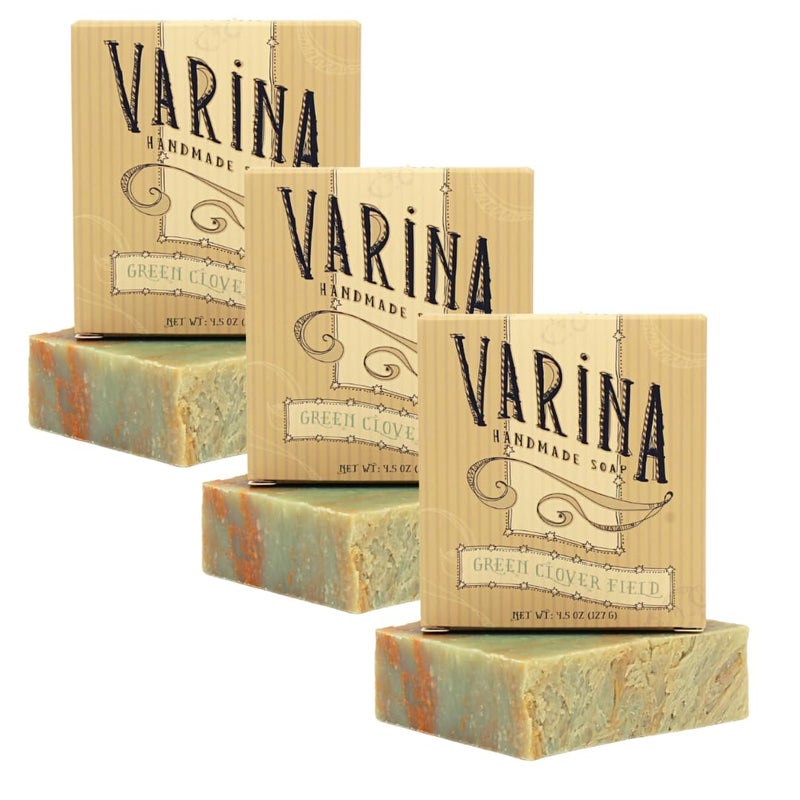 Varina Natural Green Clover Field Bar Soap - Gentle Cleansing for Sensitive Skin, Fresh - 3 Pack