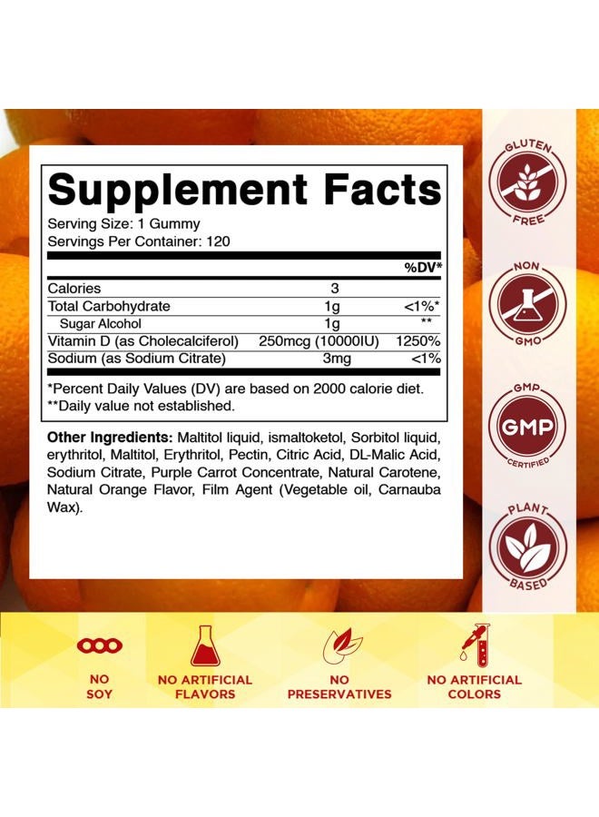 Vitamatic Sugar Free Vitamin D3 10000 IU - 120 Pectin Based Gummies - Great Taste - Healthy Bones, Mood & Immune System Function - Non-GMO - 120 Servings - Image 2