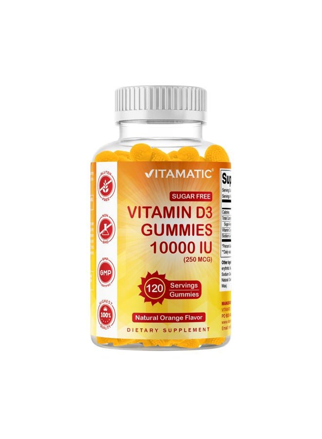 Vitamatic Sugar Free Vitamin D3 10000 IU - 120 Pectin Based Gummies - Great Taste - Healthy Bones, Mood & Immune System Function - Non-GMO - 120 Servings - Image 1