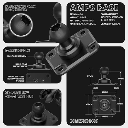 Tackform AMPS Mount - 20mm Ball | Aluminum | 4-Hole Drill Base | Mount to Dash, AMPS, or Grid Brackets | NOT Compatible with 1" / B Sized Systems - Image 2