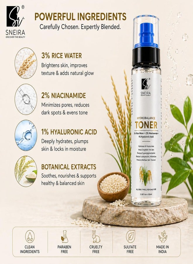 SNEIRA HydroBalance Toner 400 ml, 3% Rice Water, 2% Niacinamide, Enriched with 1% Hyaluronic Acid Exfoliating Face Toner Mist For Pores Tightening Glowing Skin Korean Beauty Secrets For Women & Men - Image 3