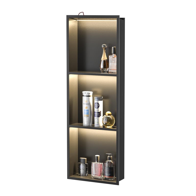 Bernkot Stainless Steel Shower Niche with Shelf 36 X 12 Matte Black with Led Light 3 Shelves No Tile Needed Niche Shower for Bathroom Storage OverMounted Installation