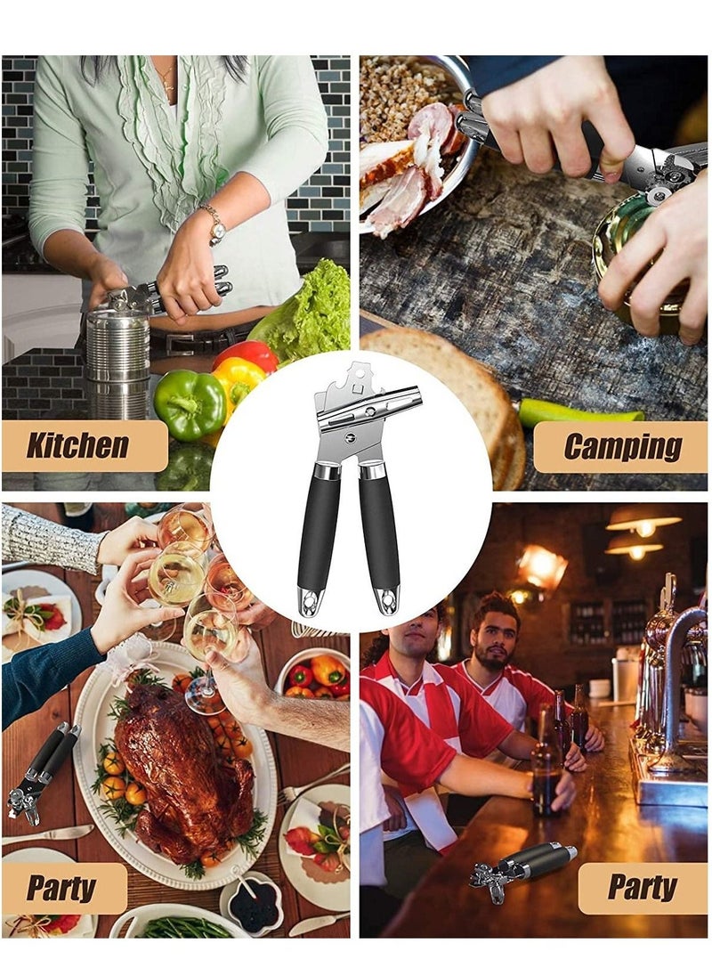 Can Opener,3-In-1 Multifunctional Manual Can Openers Stainless Steel Heavy Smooth Edge Cut Bottle Opener with Turn Knob Ergonomic Anti Slip Grip Handle Ultra Sharp (Black) - Image 5