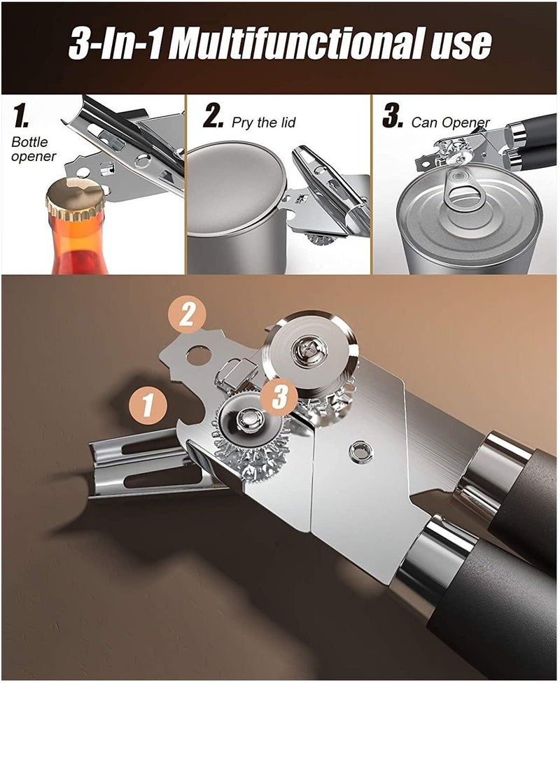 Can Opener,3-In-1 Multifunctional Manual Can Openers Stainless Steel Heavy Smooth Edge Cut Bottle Opener with Turn Knob Ergonomic Anti Slip Grip Handle Ultra Sharp (Black) - Image 3