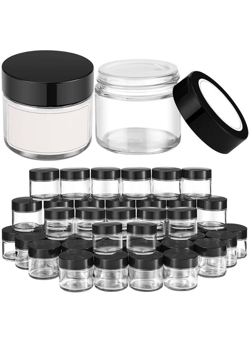 Bumobum 2 oz Small Glass Containers With Lids Bumobum 48 Pack Clear Cream Jars with Lids White Labels  Inner Liners Empty Round Clear Cosmetic Jars for Ointments Lotions 