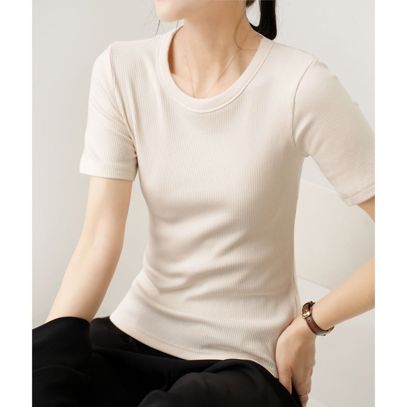 [Selection of Excellent Cotton] Mid-sleeve T-shirt Women's 2025 Summer New Round Neck Slim-fit All-match Short-sleeve Top Base Shirt - Image 1