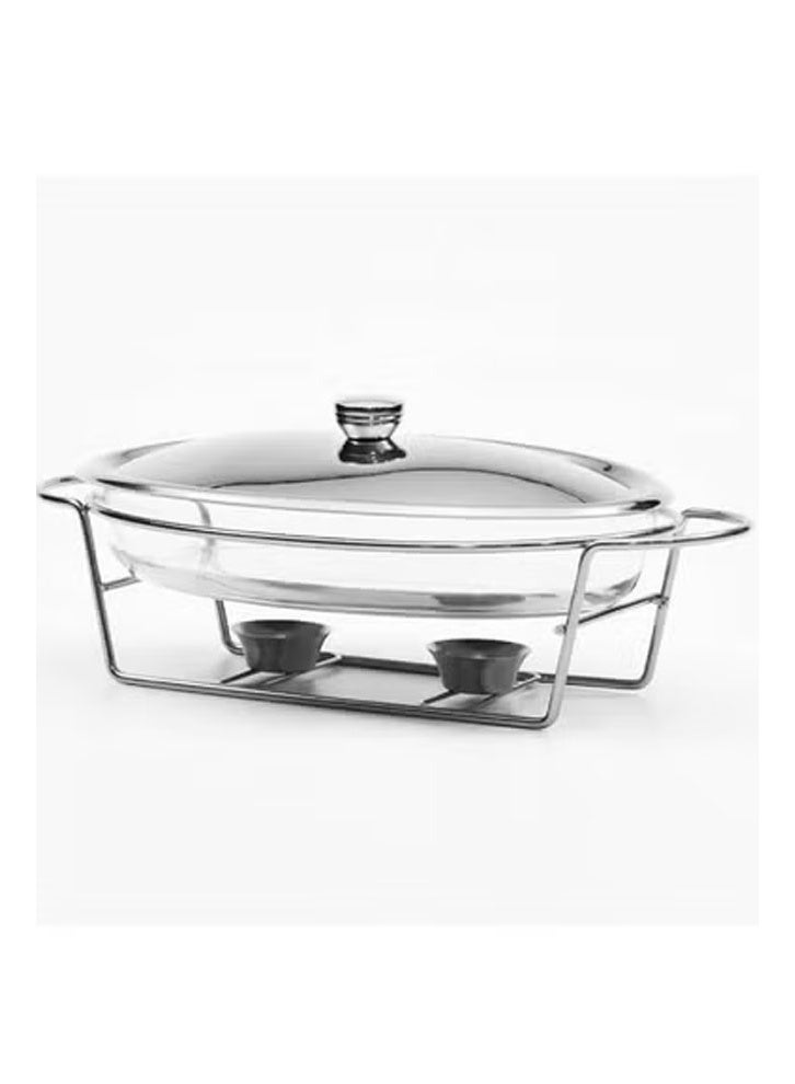 keke 3 L Silver and Gold Glass Oval Chafing Dish with Stainless‑Steel Frame & Dual Fuel Burners  - Image 1