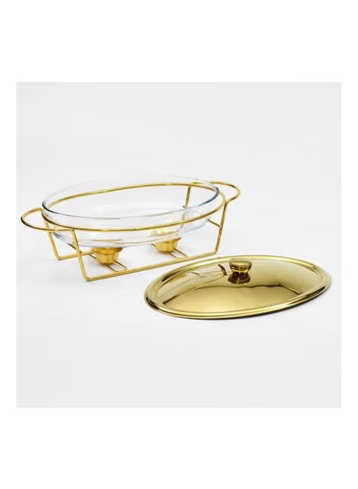 keke 3 L Silver and Gold Glass Oval Chafing Dish with Stainless‑Steel Frame & Dual Fuel Burners  - Image 3