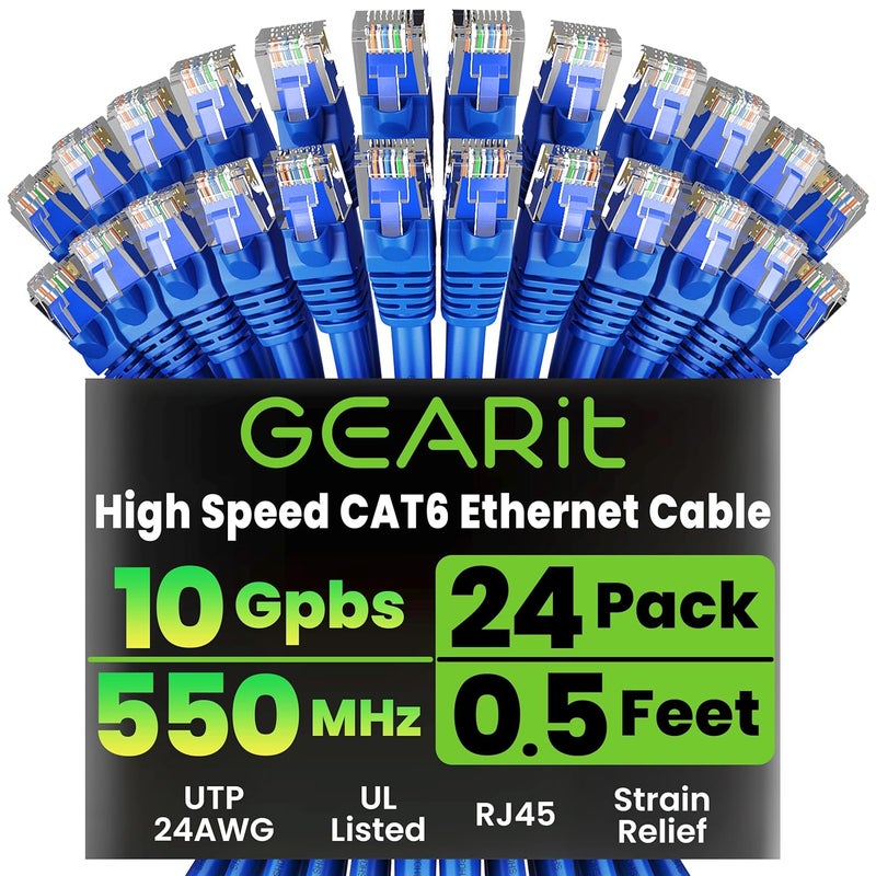 GearIT Cat 6 Ethernet Cable Pack - 24-Pack 0.5 ft Cat6 Ethernet Patch Cables | RJ45 Network Patch Cable, 10 Gbps Snagless Gold-Plated Connectors - Ethernet Cable Cat 6 for PC, TV, Router - Blue - Image 1