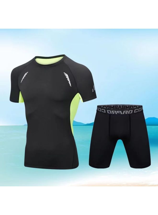 Generic Swimming Trunks Men's Adult Swimsuit Men's Summer Quick-drying Sunscreen Long-sleeved Split Beach Surfing Floating Diving Suit-Color:Green Mesh Short Sleeves + Black Tight Shorts-Size:M 【 50-60kg 】  - Image 1