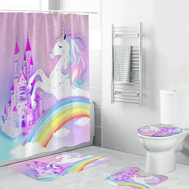 Bluejw Unicorn Waterproof 3D Printed Polyester 4 Piece Set Bathroom Rug and Shower Curtain - Image 2