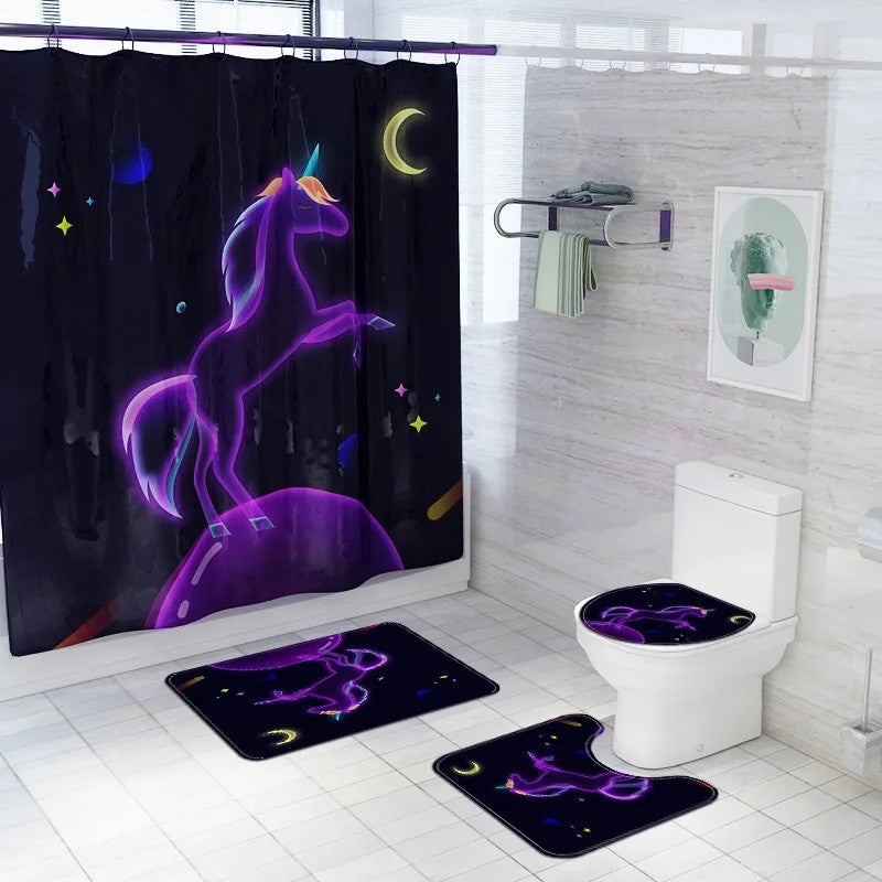 Bluejw Unicorn Waterproof 3D Printed Polyester 4 Piece Set Bathroom Rug and Shower Curtain - Image 1