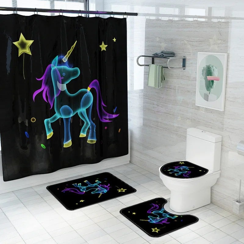 Bluejw Unicorn Waterproof 3D Printed Polyester 4 Piece Set Bathroom Rug and Shower Curtain - Image 5