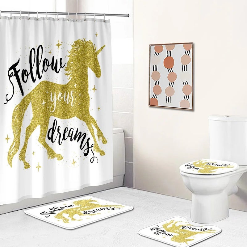 Bluejw Unicorn Waterproof 3D Printed Polyester 4 Piece Set Bathroom Rug and Shower Curtain - Image 4