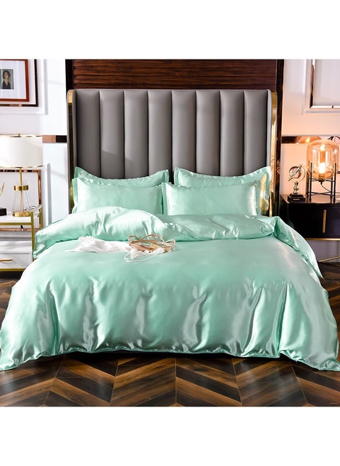 King Size Pure Silk Bed Sheet Set 4 Pieces Soft and Breathable Luxury Bed Sheet Set Includes 1 Quilt Cover 1 Bed Sheet and 2 Pillow Cases Solid Color Ice Green 230x250 cm