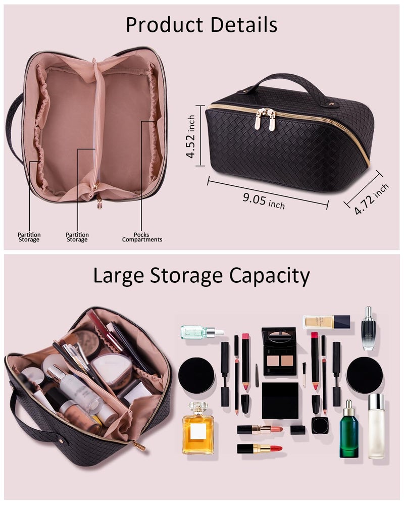 BATFIELD Cosmetic Bag for Women, Litchi PU Leather Makeup Pouch for Women, Large Capacity Cosmetic Travel Bag, Portable Makeup Kit Storage Bag with Handle and Divider (Woven Black) 23x12x12 cm - Image 2
