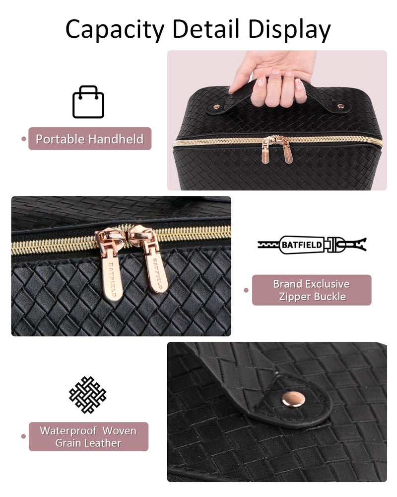 BATFIELD Cosmetic Bag for Women, Litchi PU Leather Makeup Pouch for Women, Large Capacity Cosmetic Travel Bag, Portable Makeup Kit Storage Bag with Handle and Divider (Woven Black) 23x12x12 cm - Image 4