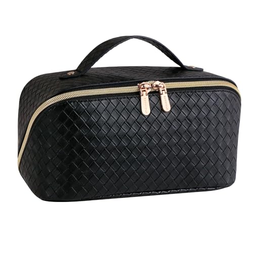 BATFIELD Cosmetic Bag for Women, Litchi PU Leather Makeup Pouch for Women, Large Capacity Cosmetic Travel Bag, Portable Makeup Kit Storage Bag with Handle and Divider (Woven Black) 23x12x12 cm - Image 1