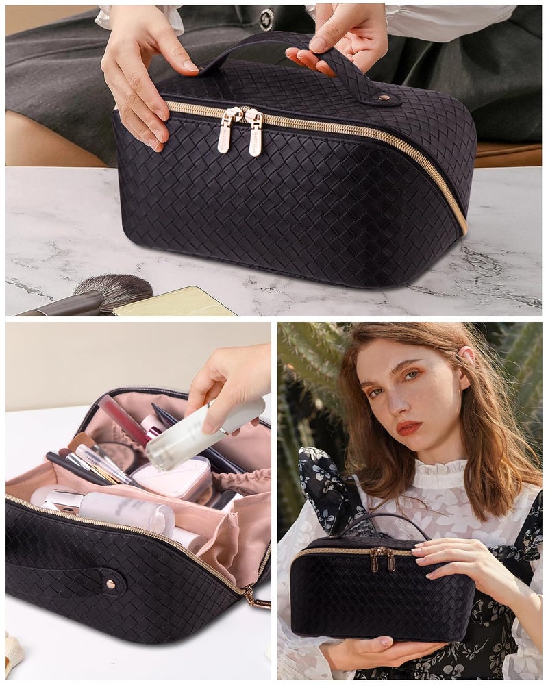 BATFIELD Cosmetic Bag for Women, Litchi PU Leather Makeup Pouch for Women, Large Capacity Cosmetic Travel Bag, Portable Makeup Kit Storage Bag with Handle and Divider (Woven Black) 23x12x12 cm - Image 5