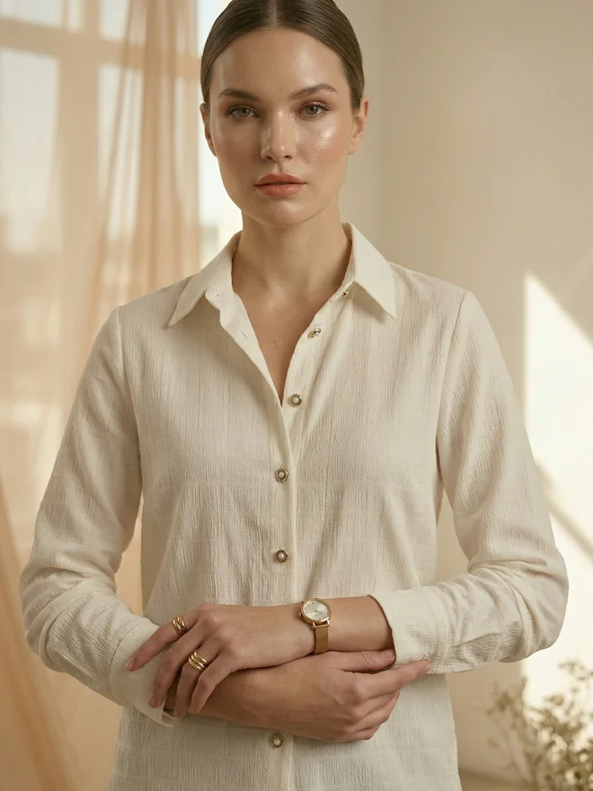 Mish White Grid Pattern Long Sleeve Shirt