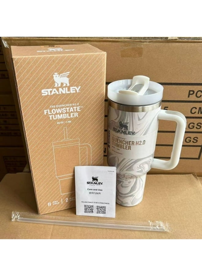 Stanley 40oz Stainless Steel Car Travel Tumbler – Triple-Function Rotating Lid with Splash-Resistant Straw Opening – Durable Vacuum Insulated Thermos Keeps Drinks Cold or Hot for Hours – Sleek Ergonomic Design, Cupholder-Friendly – Imported White Grain Pattern - Image 3