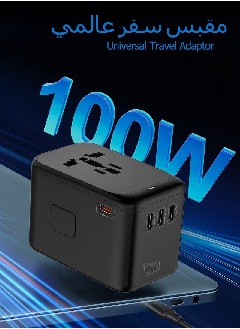 نكومي - محول عالمي للسفر، شاحن دولي بقوة 100 واط من GaN مع 1 منفذ USB و4 محول شحن سريع USB-C PD، شاحن جداري عالمي （نوع A/C/G/I) - Image 1