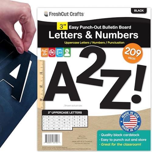 FreshCut Crafts 209 Pcs 3" Black Bulletin Board Letters & Numbers, Capital Letters, Numbers, Punctuation, US Made Card Stock Punch Out Letters for Poster, Bulletin Board, Classroom - Precut Letters & Numbers - Image 1