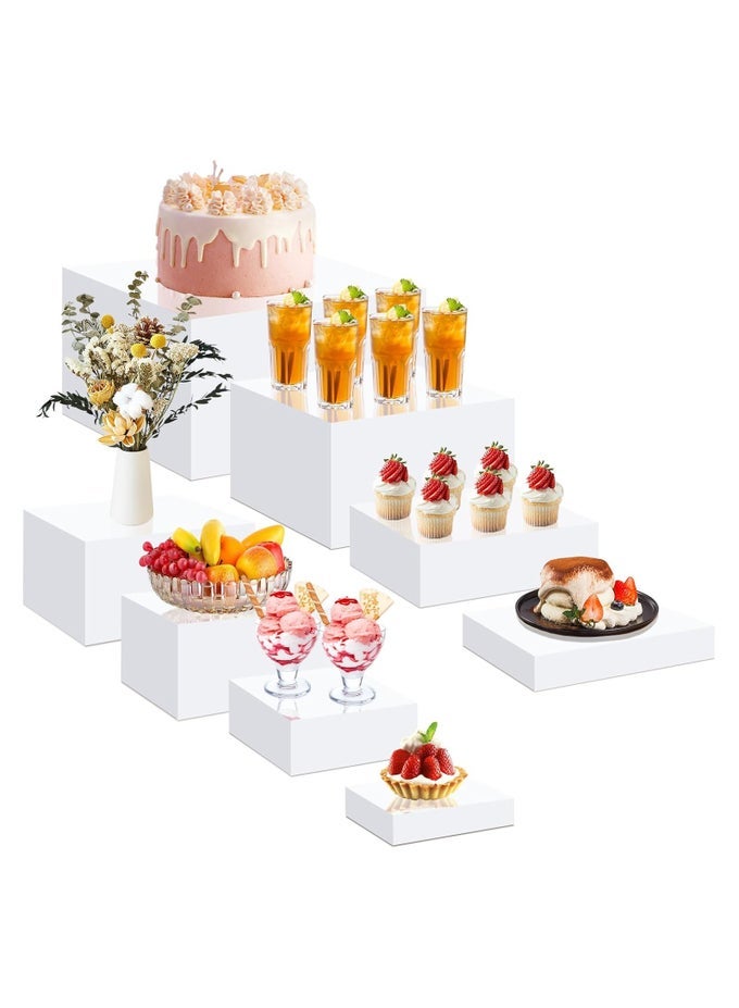 8 Pcs Acrylic Risers for Display,White Acrylic Cube Box Dessert Display Stand with Hollow Bottoms 8 Different Size Acrylic Product Display Risers for Party Decor (Cube-8)