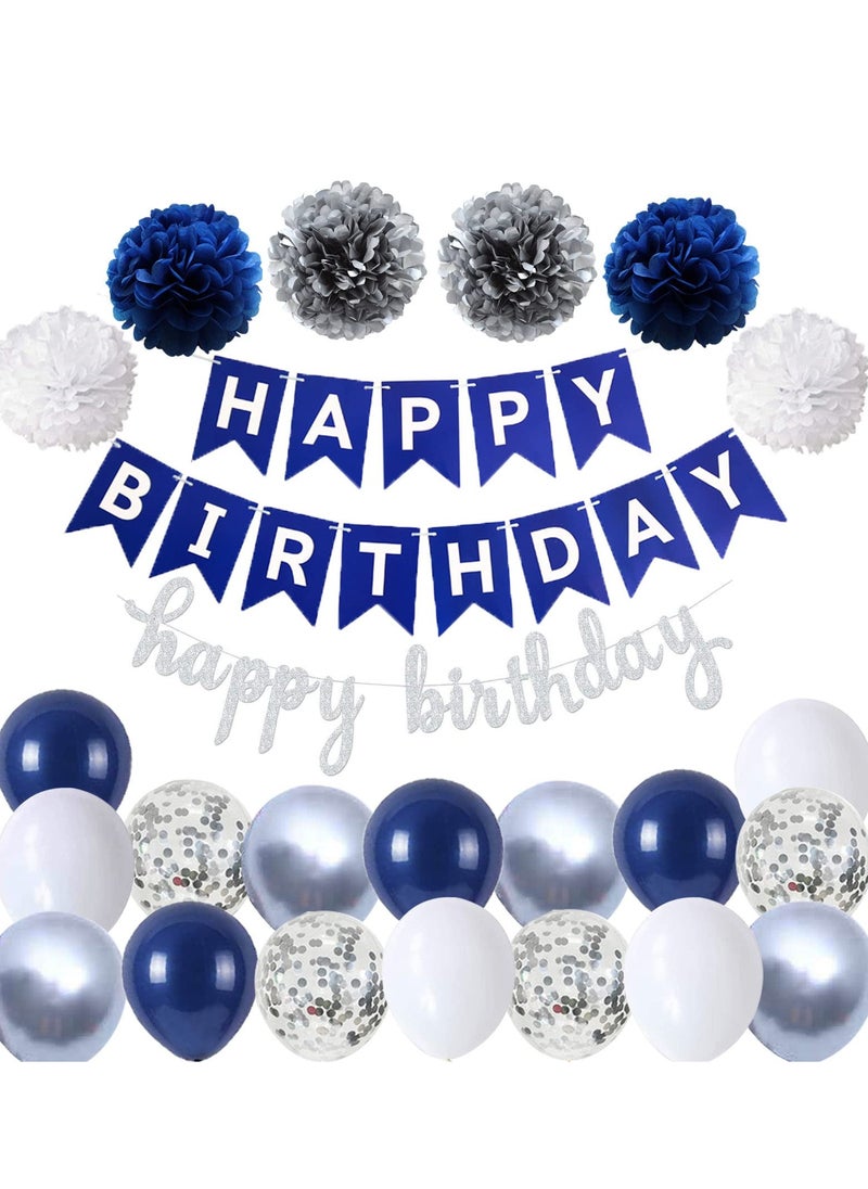 Mordely - Blue Birthday Decorations Kit, Birthday Party Decorations for Men Women Boys Grils, Happy Birthday Banner, Tissue Paper Flowers Pom Pom, Hanging Swirls and Circle Dot Garland, Latex Confetti Balloons - Image 1