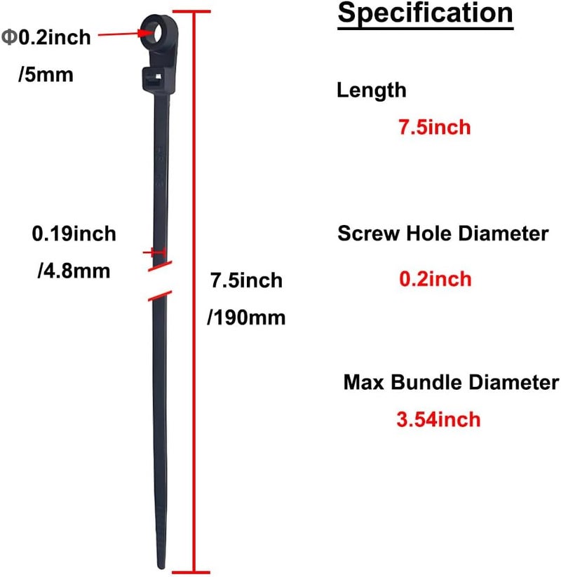HS Plastic Ties with Screw Holes (100 Pack) 7.5 Inch Mount Head Electrical Zip Ties 50 LBS,UV Black - Image 3