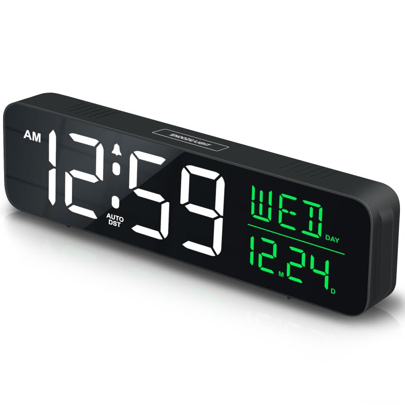 Peakeep Large Display Digital Alarm Clock for Bedrooms Date Day of Week Calendar Desk Table Clocks for Living Room Office Dimmable Plug in Electric Clock 5 Volumes Loud Auto DST