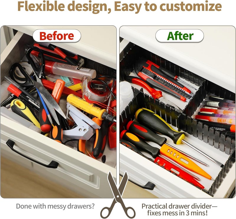 Bofoho Drawer Divider Adjustable Diy Storage Organizer Separator for Tidying Clutter Cutlery Makeup Clothes of Dresses, Desk & Box in Kitchen Bathroom Bedroom Office (Cut at Will) (Black 32pcs) - Image 3