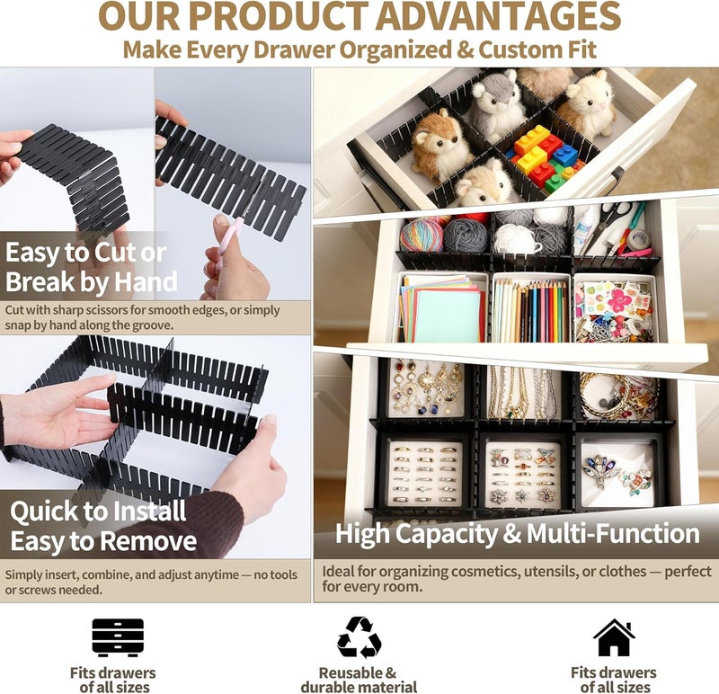 Bofoho Drawer Divider Adjustable Diy Storage Organizer Separator for Tidying Clutter Cutlery Makeup Clothes of Dresses, Desk & Box in Kitchen Bathroom Bedroom Office (Cut at Will) (Black 32pcs) - Image 5