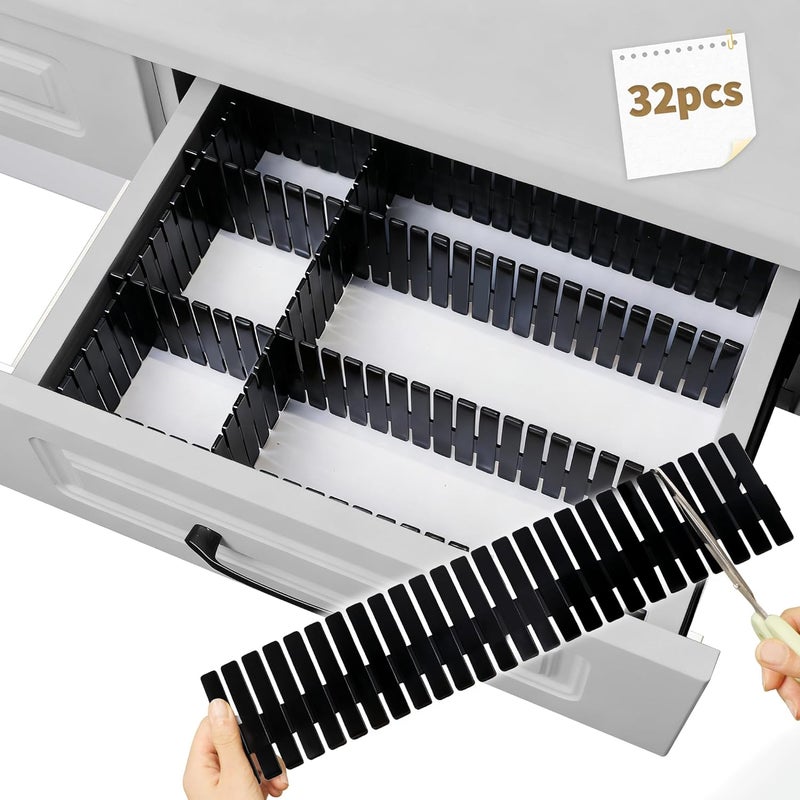 Bofoho Drawer Divider Adjustable Diy Storage Organizer Separator for Tidying Clutter Cutlery Makeup Clothes of Dresses, Desk & Box in Kitchen Bathroom Bedroom Office (Cut at Will) (Black 32pcs) - Image 1