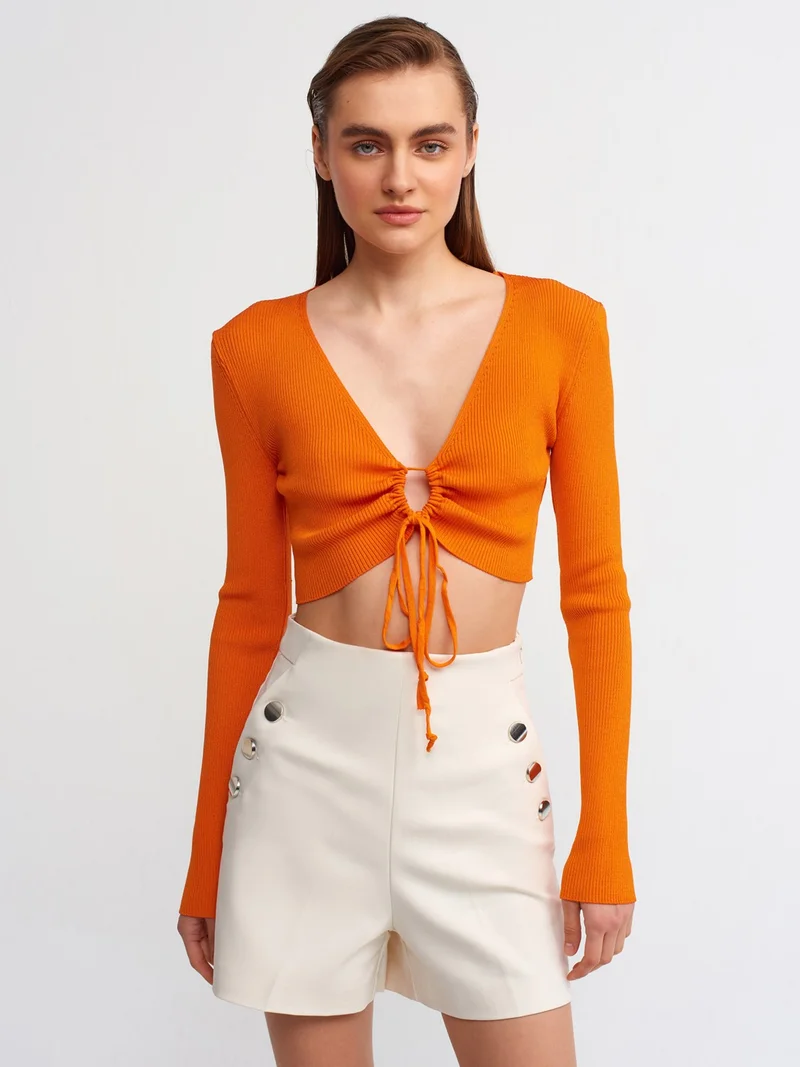 ديلفين 60133 V-Neck Lace Front Knitwear Cardigan-Orange