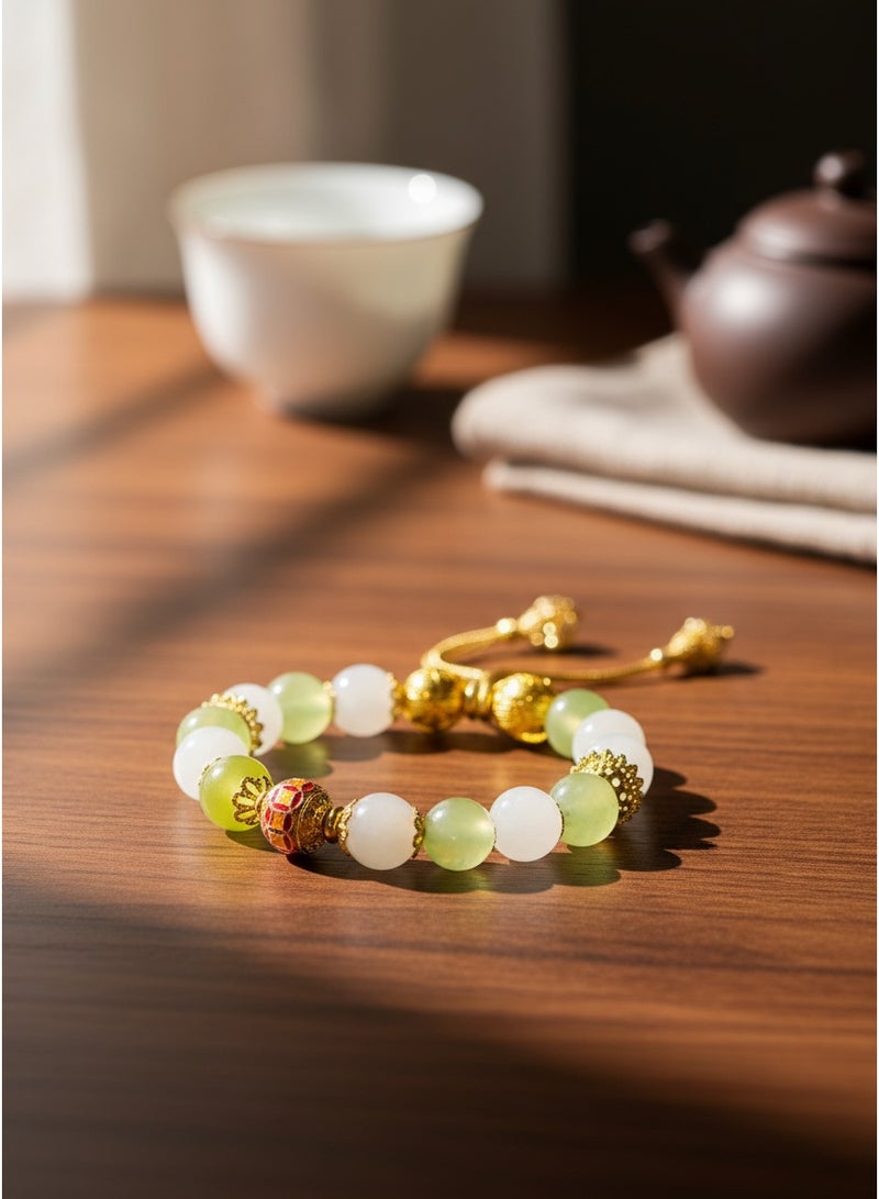 تشوميل سوار حجر القمر الأخضر المُخصّص - رومانسية بتوهج أخضر ناعم وخرز رقيق، 15-16 سم - Image 2