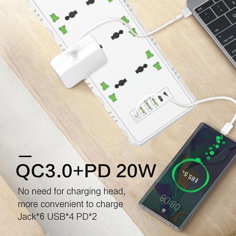 Maykela Extension Cord with 6 Outlets and 6 USB Slots 5M Cable Cord Power Strip 6 Way Universal Socket Power Strips Extension Lead Outlets Plug,Wall Mount UK Plug Cable 3000W Surge Protector White - Image 3