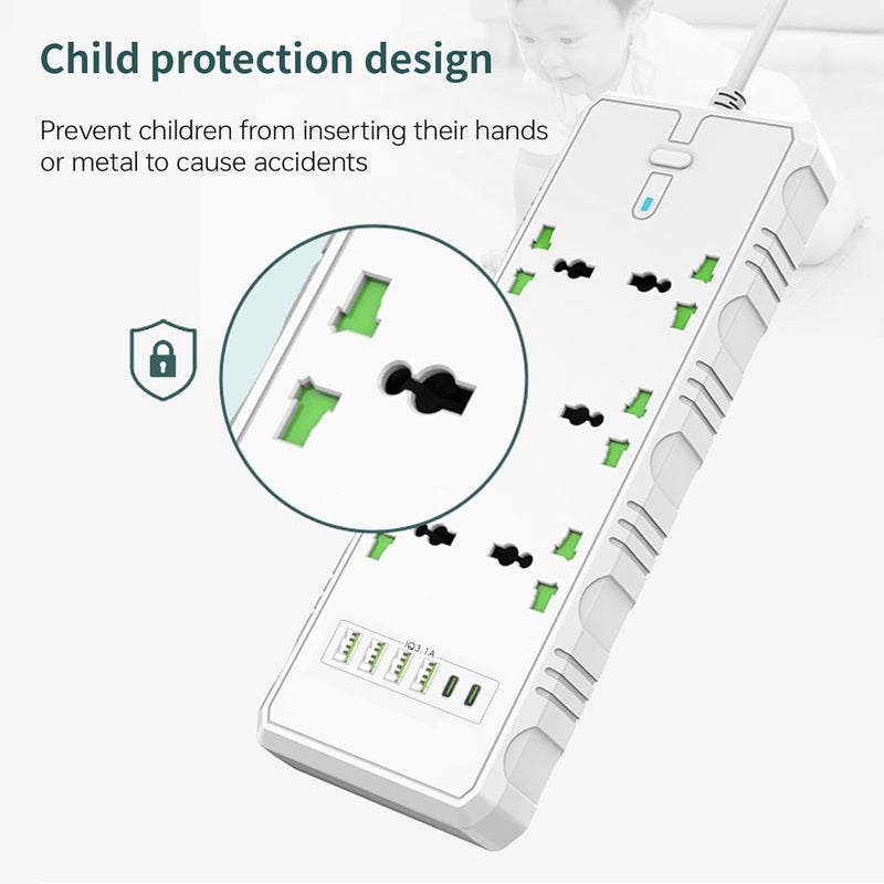 Maykela Extension Cord with 6 Outlets and 6 USB Slots 5M Cable Cord Power Strip 6 Way Universal Socket Power Strips Extension Lead Outlets Plug,Wall Mount UK Plug Cable 3000W Surge Protector White - Image 5