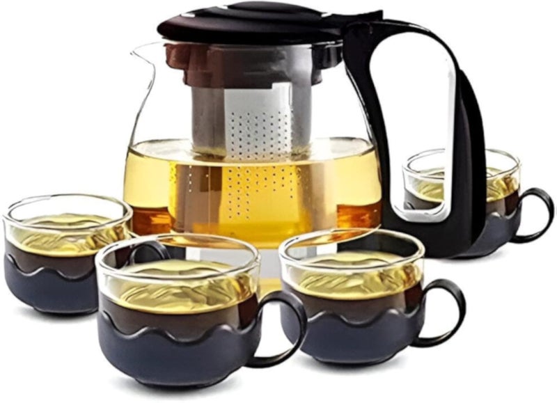 إبريق زجاجي - إبريق زجاجي أنيق بأربعة أكواب، ومقبض بلاستيكي متين، ومصفاة من الفولاذ المقاوم للصدأ، وفلتر داخلي مصمم للكركديه والنعناع والريحان وغيرها من الأعشاب.