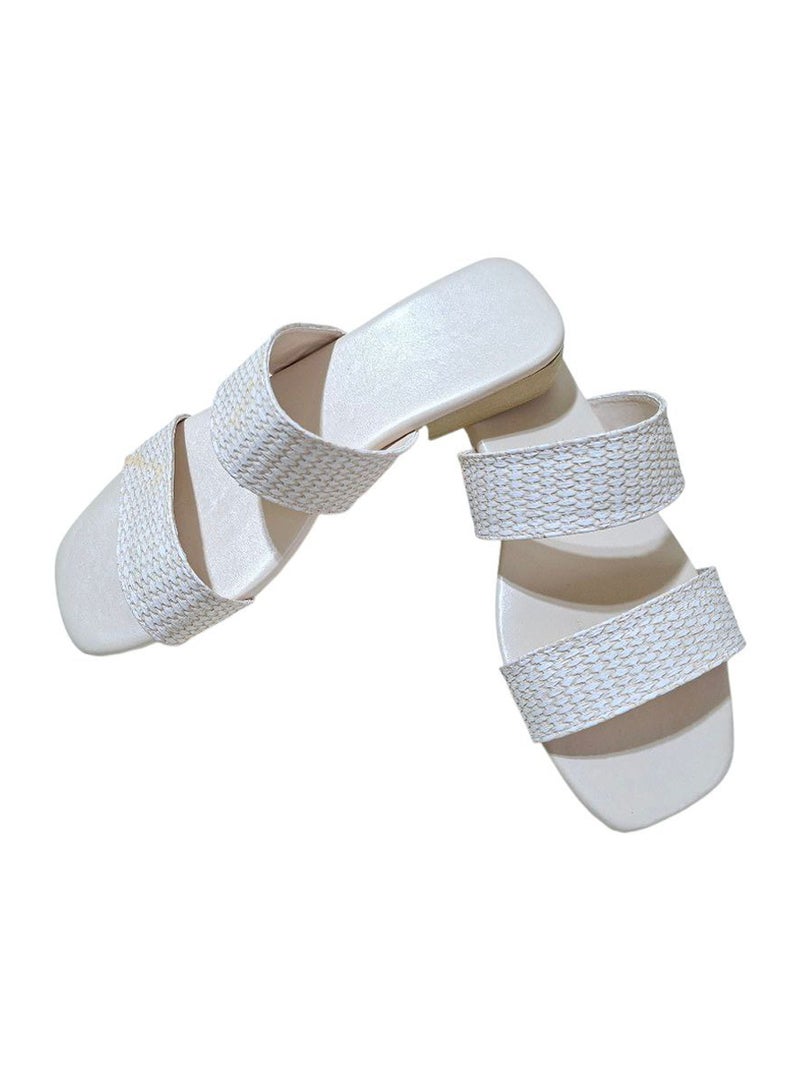 Karisma Simple Double Strap Flat Squared Toe Slipper With Canvas Material - Image 1