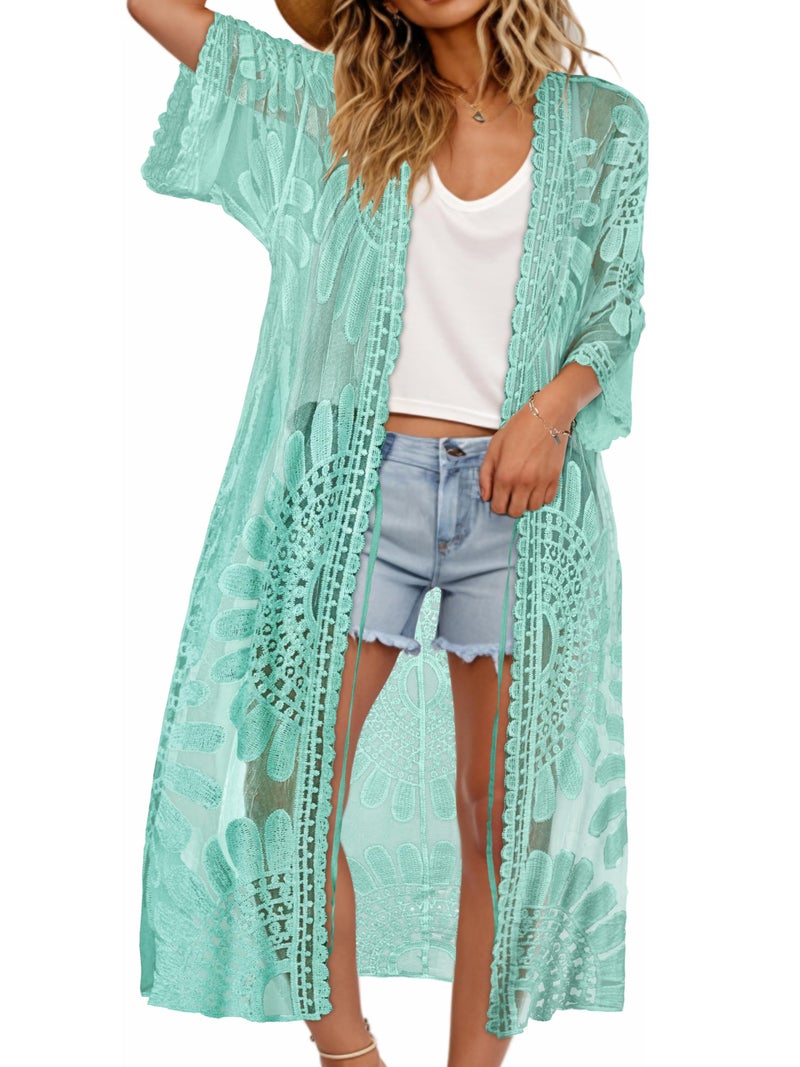 CHICGAL Womens Swimsuit Coverup Lace Bathing Suit Cover Up Beach Kimonos Long Cardigan Open Front Swimwear (Mint Green,One Size) - Image 1