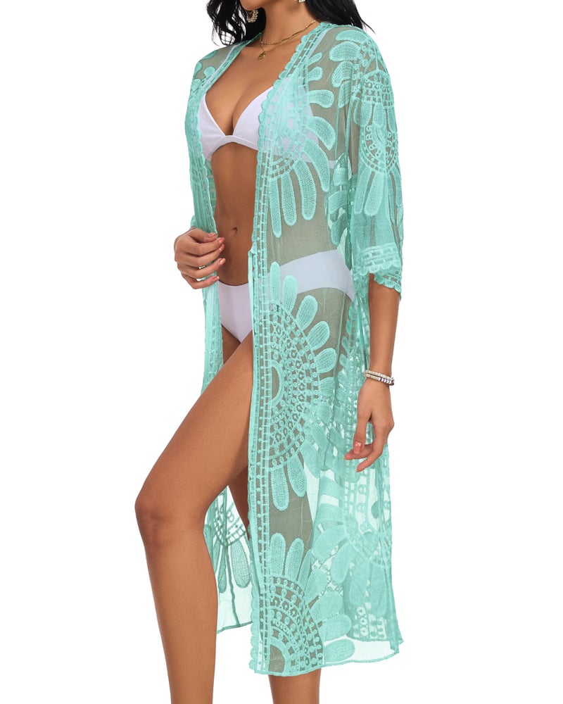CHICGAL Womens Swimsuit Coverup Lace Bathing Suit Cover Up Beach Kimonos Long Cardigan Open Front Swimwear (Mint Green,One Size) - Image 4