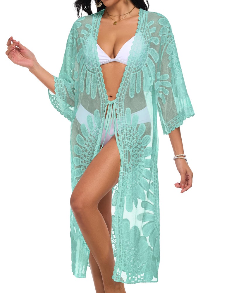 CHICGAL Womens Swimsuit Coverup Lace Bathing Suit Cover Up Beach Kimonos Long Cardigan Open Front Swimwear (Mint Green,One Size) - Image 2