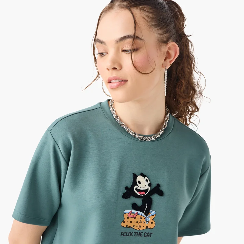 SP Characters Felix the Cat Print T-shirt with Short Sleeves and Crew Neck
