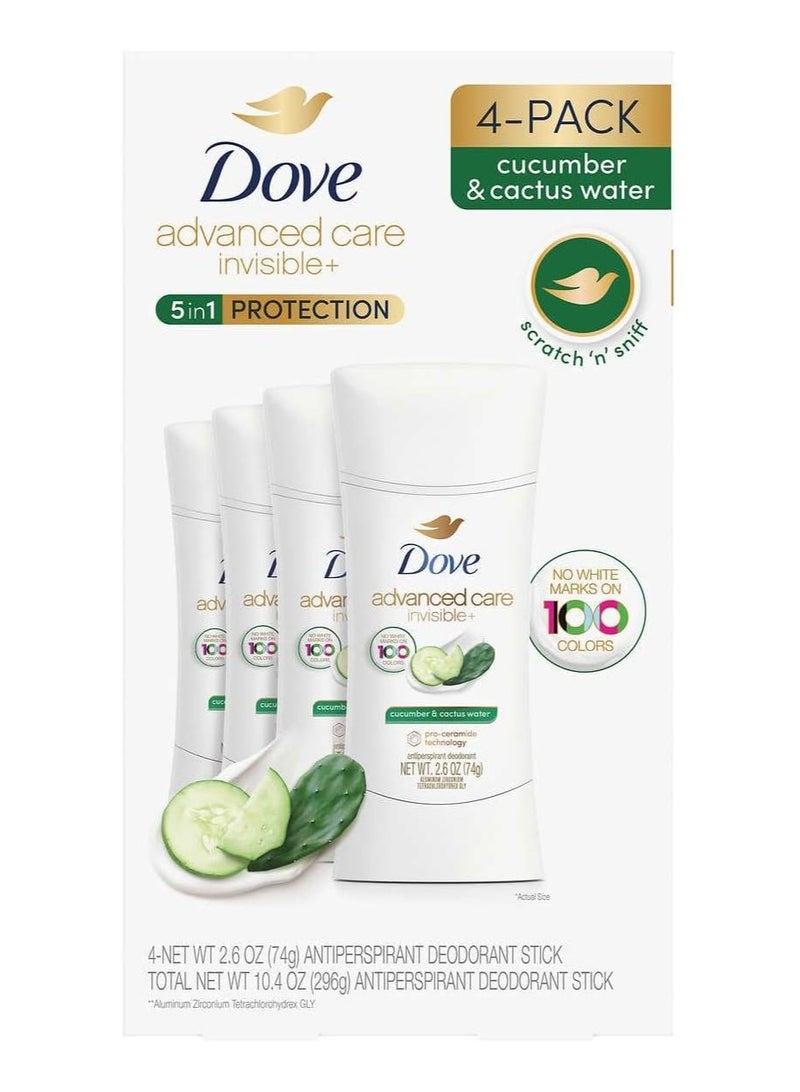 مزيل عرق دوف أدفانسد كير غير مرئي+، بخلاصة الخيار وماء الصبار، 2.6 أونصة، 4 قطع