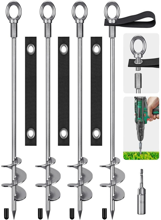 Insaga Heavy Duty Ground Anchors with Straps – 24'' Screw in Earth Anchor Kit, 4 Pack, 12mm Solid Carbon Steel Auger, Chrome Plated, for Trampoline, Shed, Swing Set, Mobile Home, Tree, Tent, Carport - Image 1