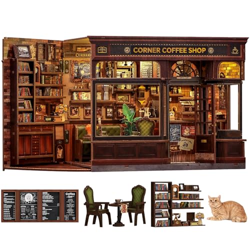 Fsolis Book Nook Kit DIY 3D Puzzles for Adults Coffee House Library Model Bookshelf Diorama Building Kit Craft Gifts for Women Readers Book Lovers Corner Coffee Shop - Image 1
